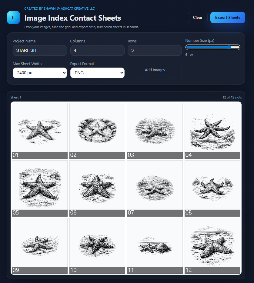 Image Index Contact Sheet interface