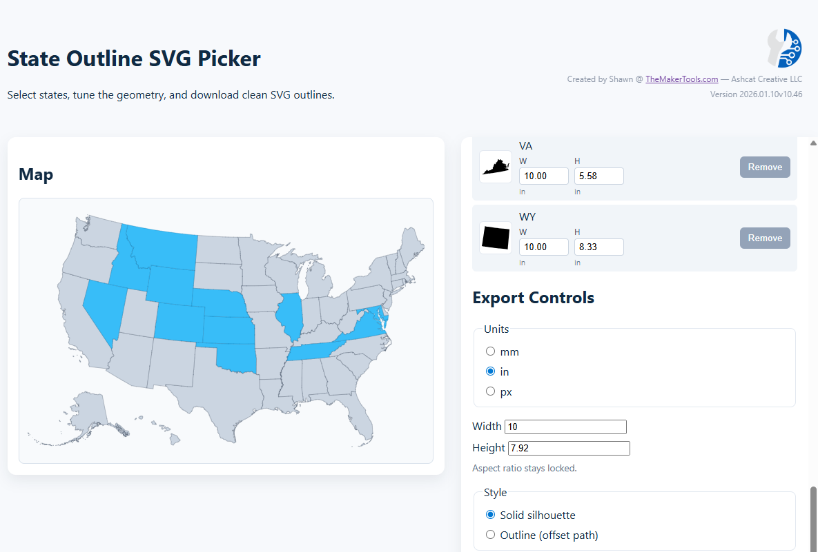 State Outline SVG Picker interface