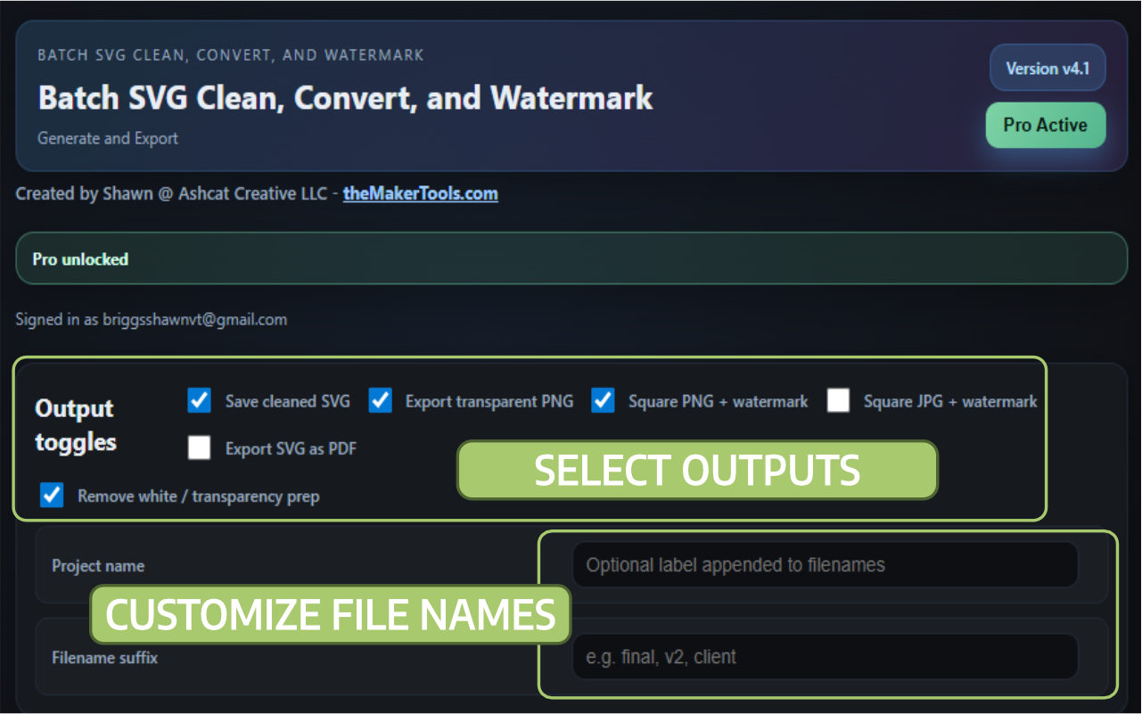 Select output formats